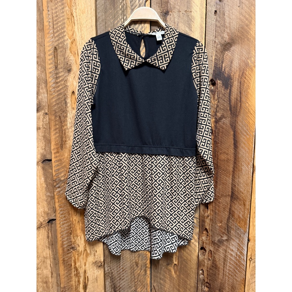 Womens 1X Layered Geometric Tunic Blouse Peter Pan Collar Dark Academia Mod